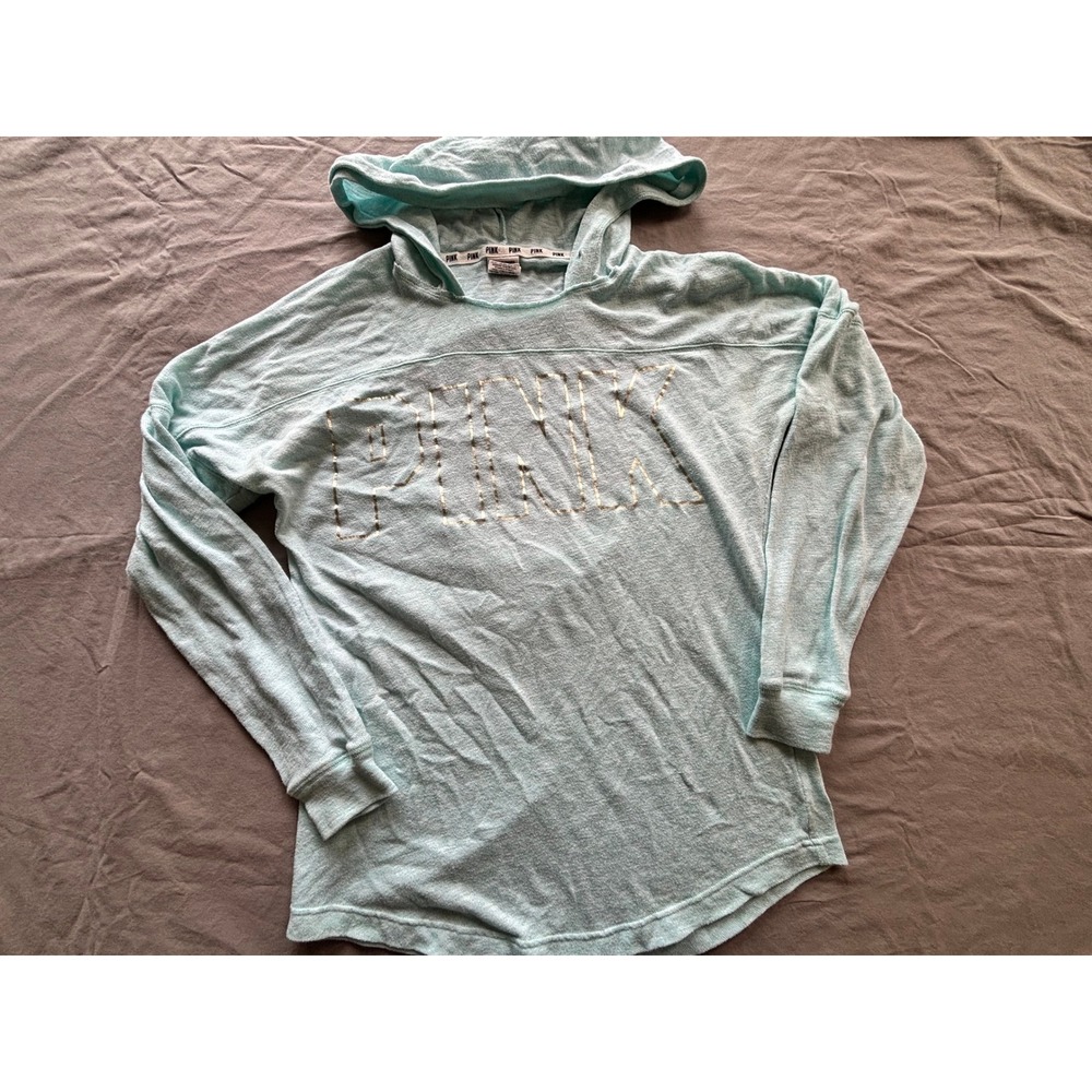 PINK Victoria's Secret Mint Green Open Back Hoodie Silver Foil Logo Medium